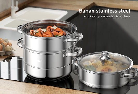 Freemir Kukusan Stainless Steel 3 Tingkat 26cm Double Bottom dengan Tutup Kaca