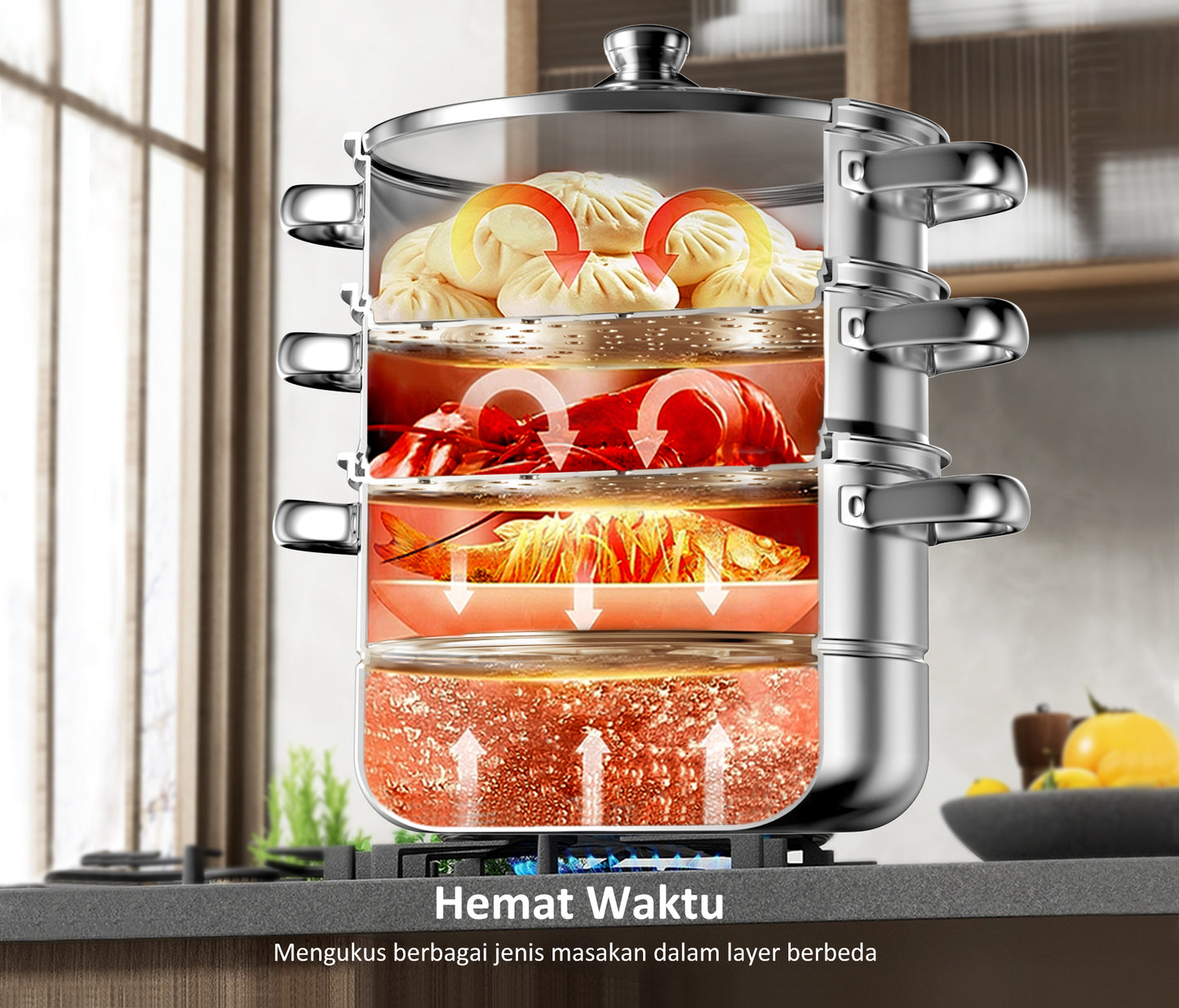 Freemir Kukusan Stainless Steel 3 Tingkat 26cm Double Bottom dengan Tutup Kaca