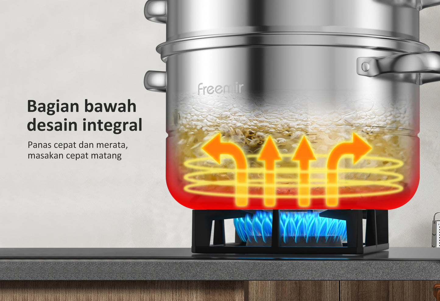Freemir Kukusan Stainless Steel 3 Tingkat 26cm Double Bottom dengan Tutup Kaca