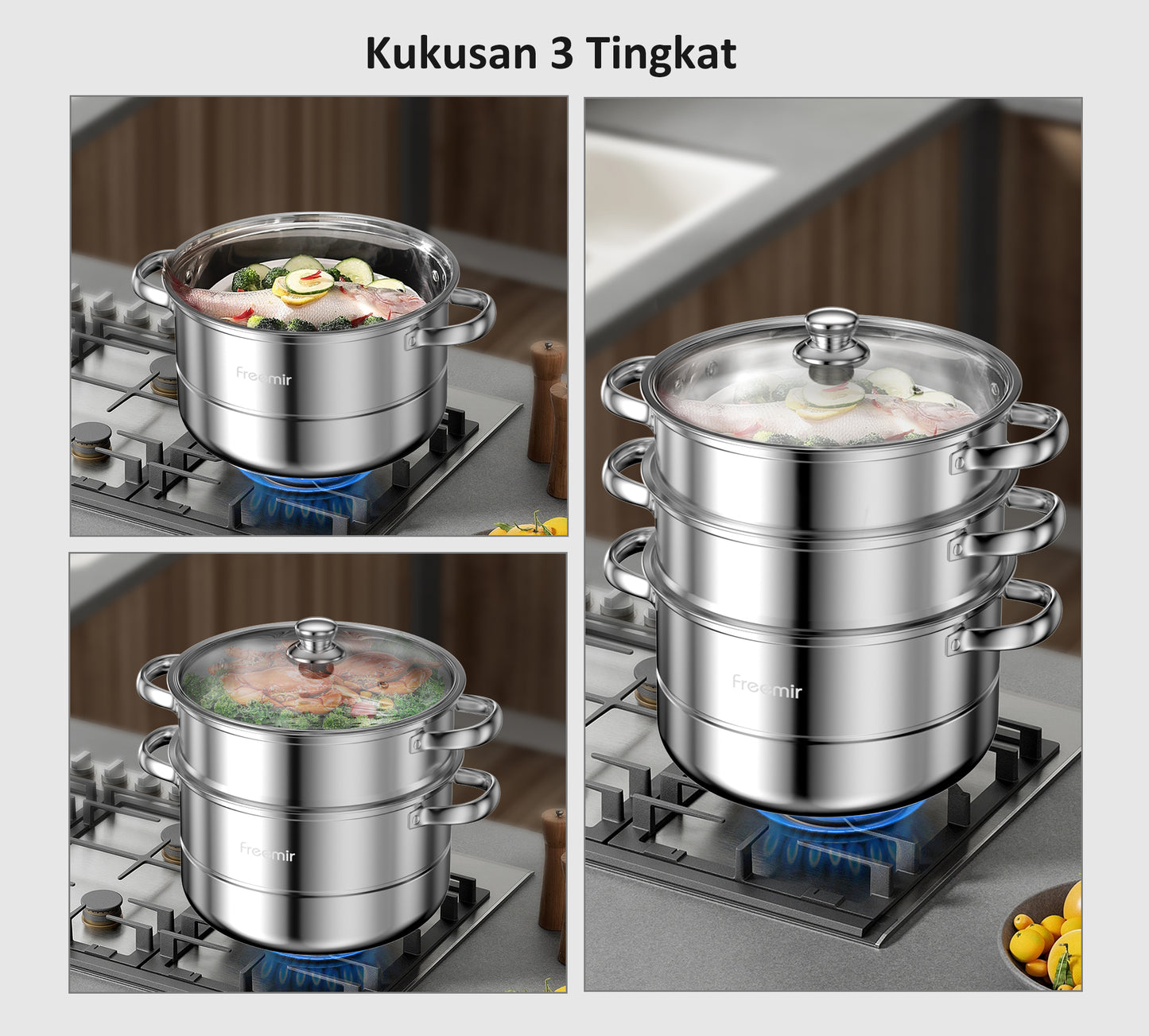 Freemir Kukusan Stainless Steel 3 Tingkat 26cm Double Bottom dengan Tutup Kaca