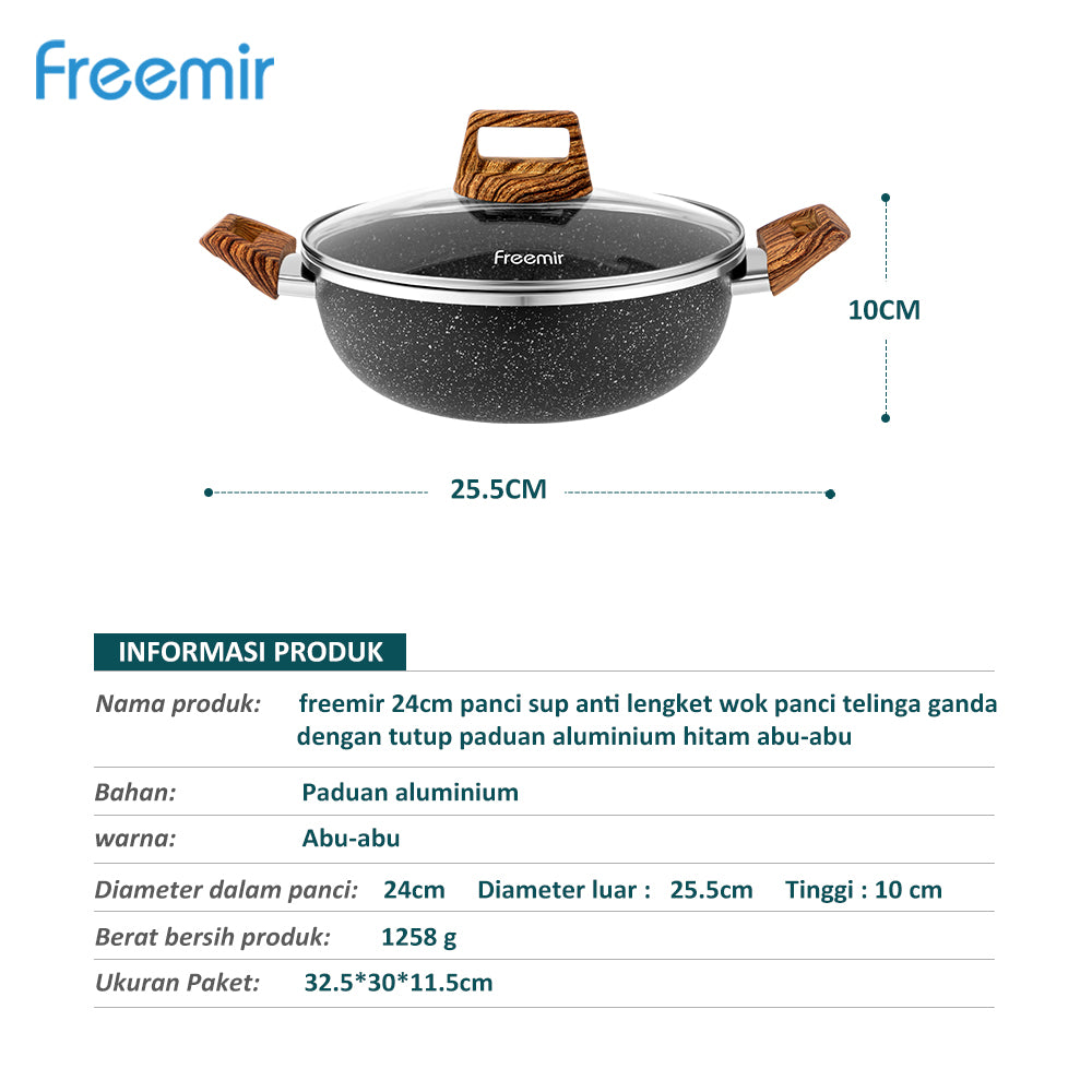 (Wajan 29) Freemir Panci Lapis Granit/Marmer 24cm, Anti Lengket, Hitam, Gagang Kayu, Tutup Kaca, Peralatan Dapur