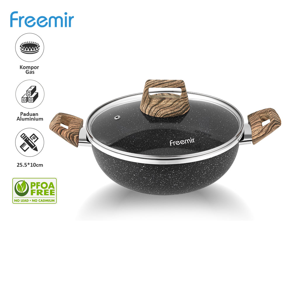 Freemir Panci Kuping Anti Lengket 24cm Single Bottom dan Tutup Kaca SNI