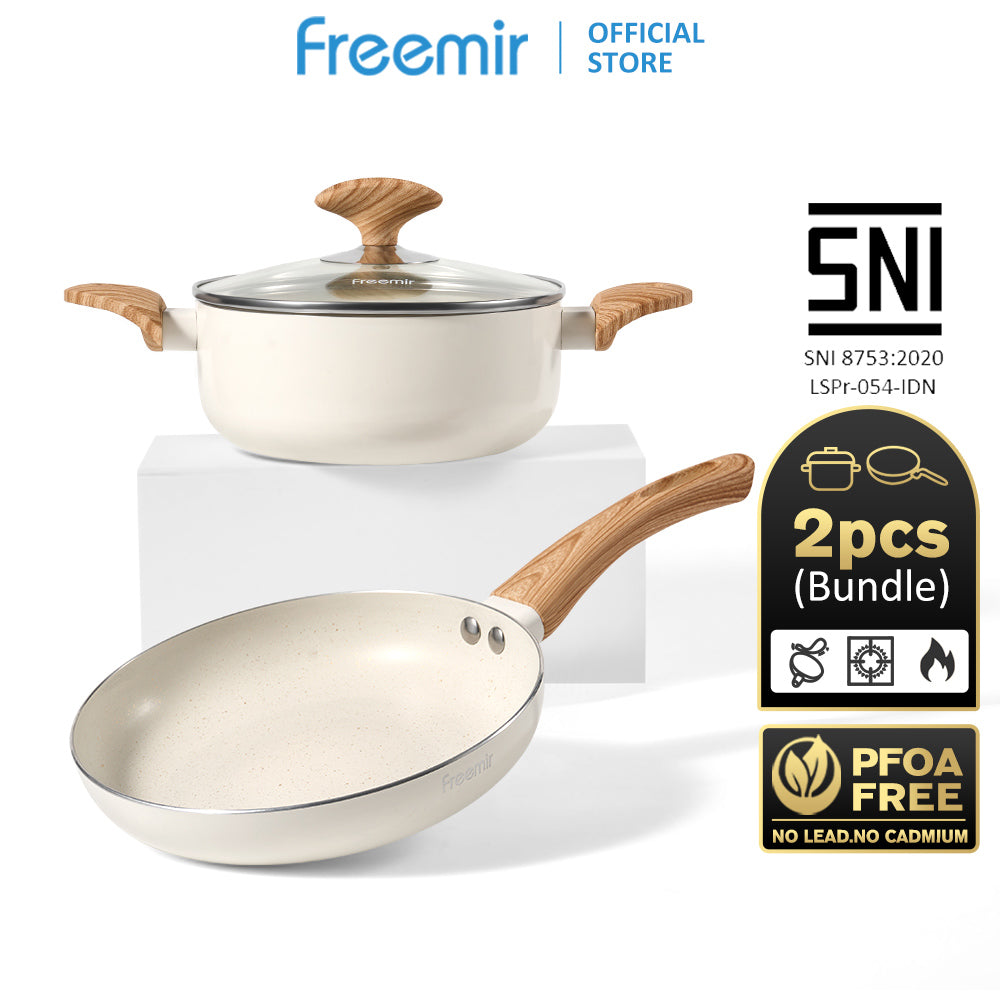 Freemir 2 set Wajan Penggorengan dan Panci dengan Tutup Kaca 20/18 CM