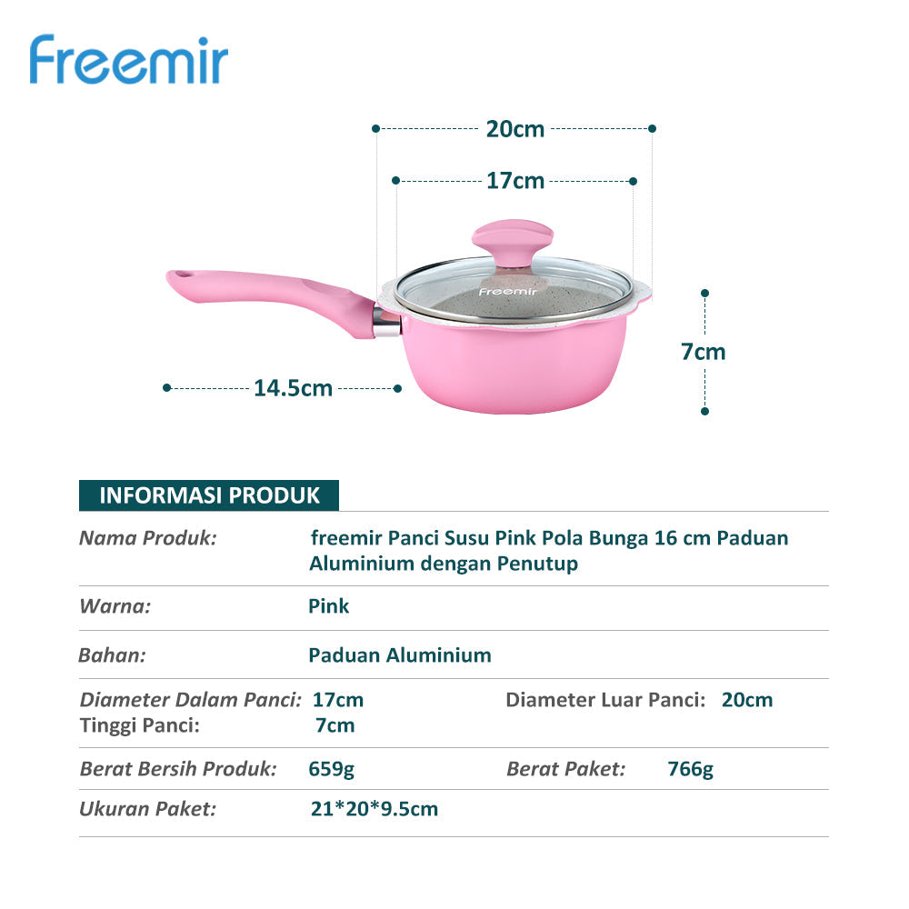 (DEFECT PACKAGE) Freemir Panci Bunga Pink 16 Cm Tutup Kaca Anti Lengket Anti Karat