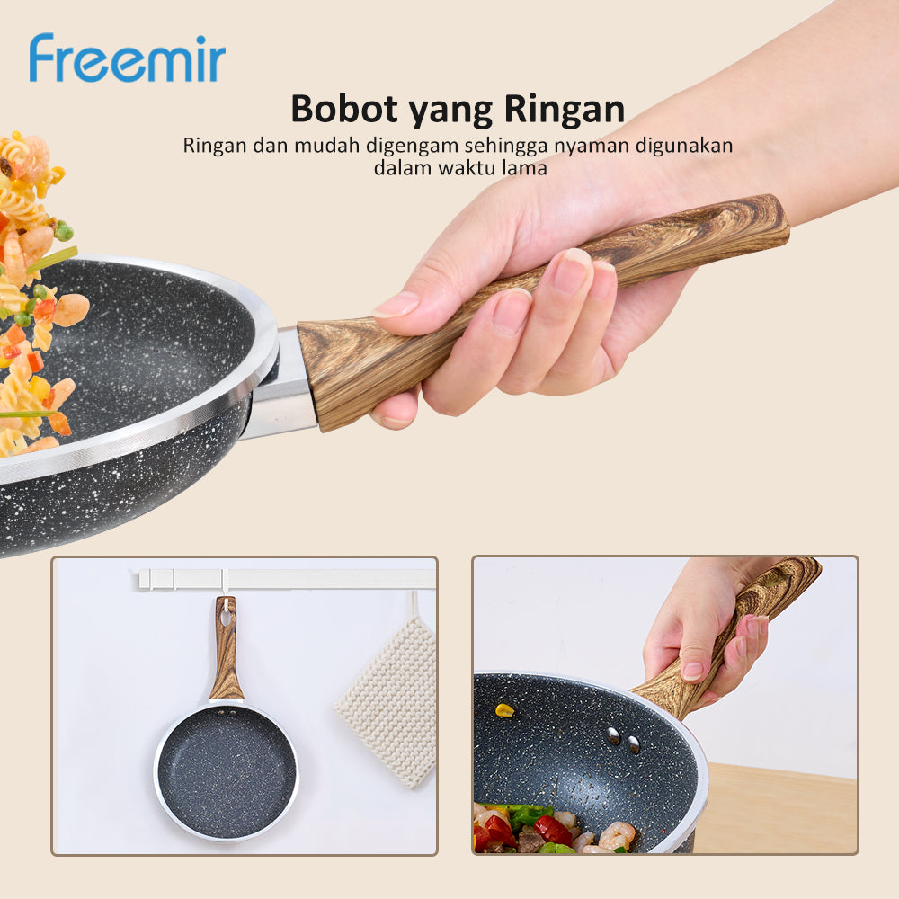 Freemir Set Panci Wajan Anti Lengket 4 Pcs 26/20/20/16 CM dengan Tutup Kaca Gagang Kayu Multifungsi