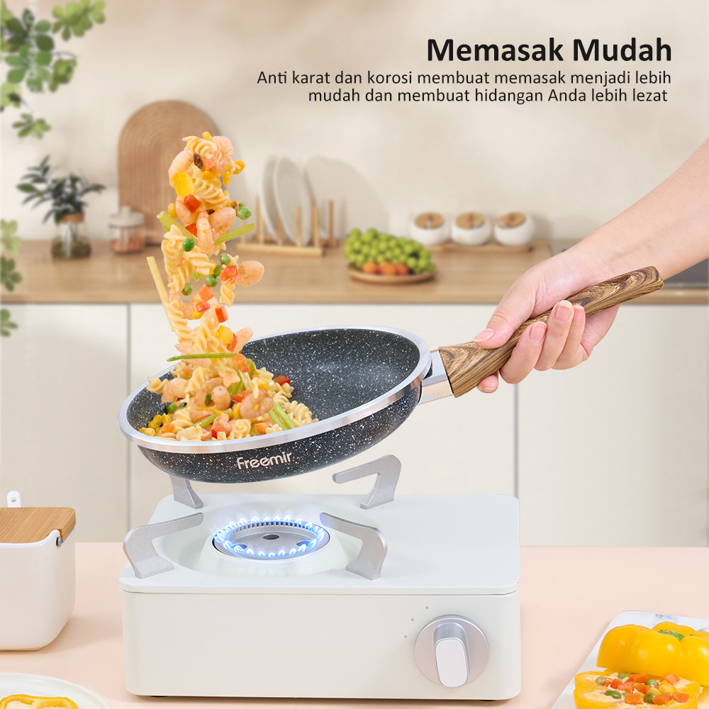 Freemir Set Panci Wajan Anti Lengket 4 Pcs 26/20/20/16 CM dengan Tutup Kaca Gagang Kayu Multifungsi