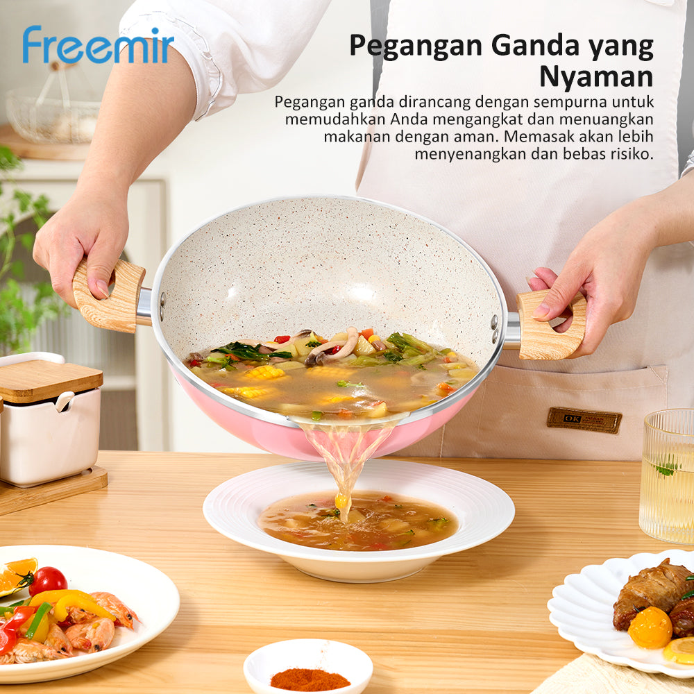freemir Wajan Kuping 26 CM Double Bottom Anti Lengket dengan Tutup Kaca (Pink)
