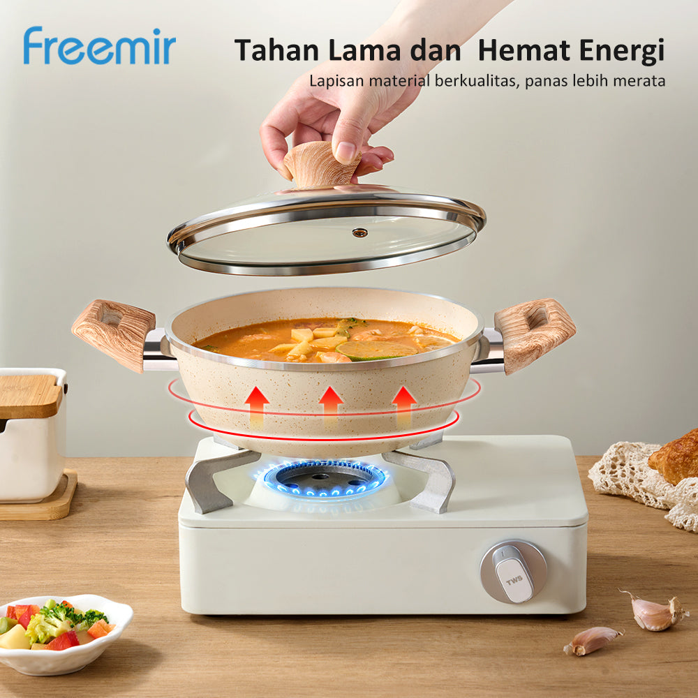 freemir 20cm Single Bottom Non-Stick Frying Pan with Glass Lid and Two Wooden Handles