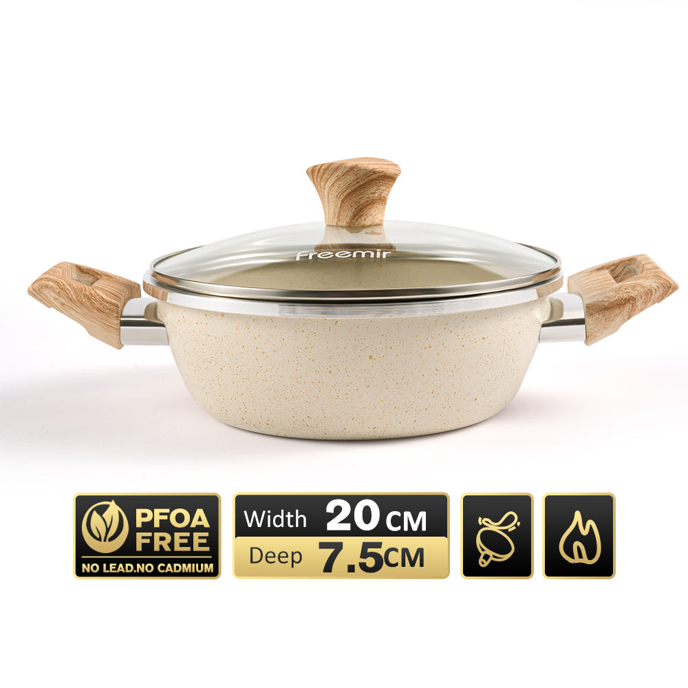 Freemir Panci Sup Anti Lengket 20cm Single Bottom dengan Tutup Kaca dan Dua Gagang Kayu