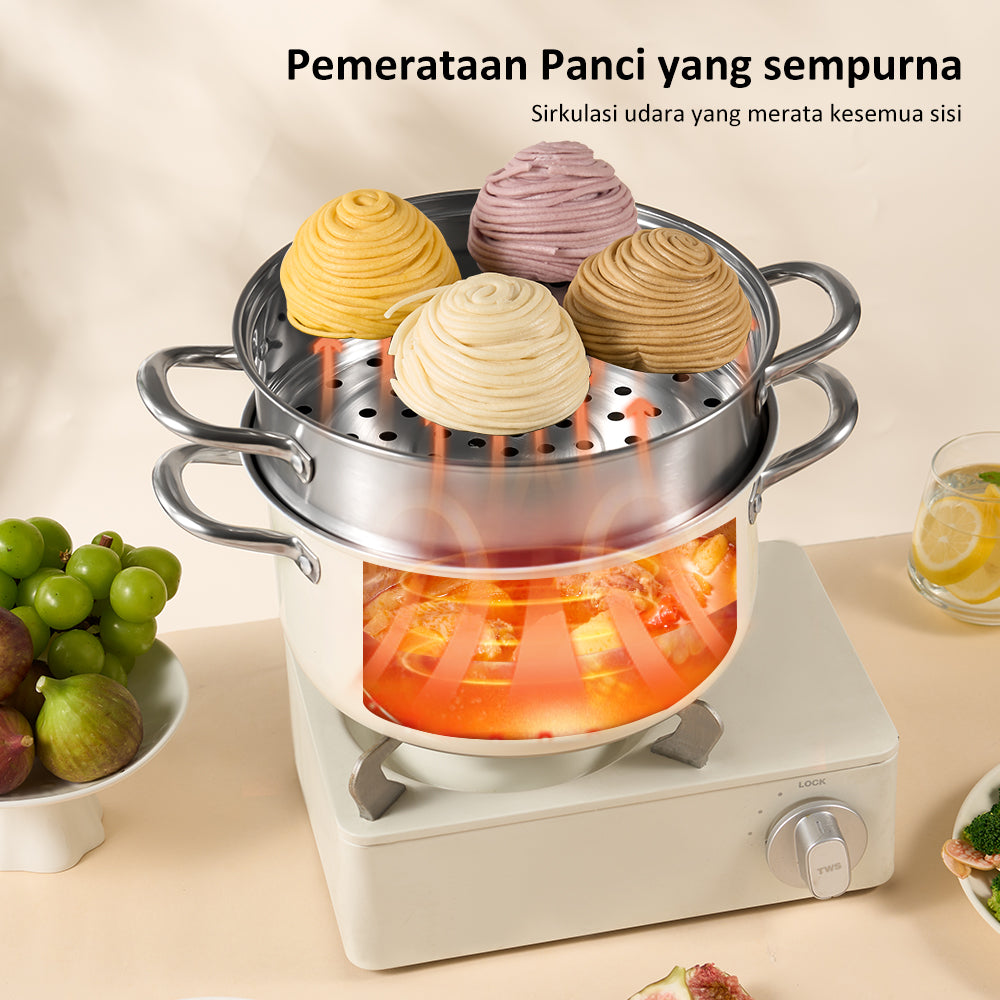 Panci Kukus Dua Lapis 24 CM Single Bottom dengan Tutup Kaca