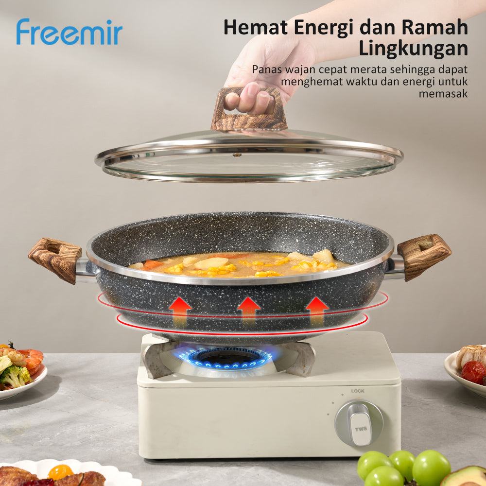 Freemir Wajan Aluminium Single Bottom 30 CM dengan Dua Pegangan dan Tutup Kaca Tempered