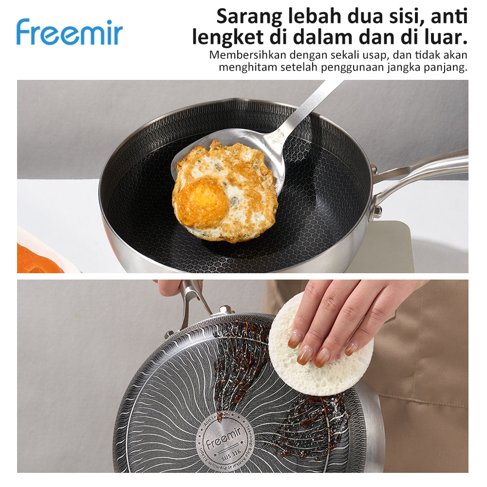 Freemir Wajan Penggorengan Honeycomb 24 CM Anti Lengket Double Bottom dengan Tutup Kaca