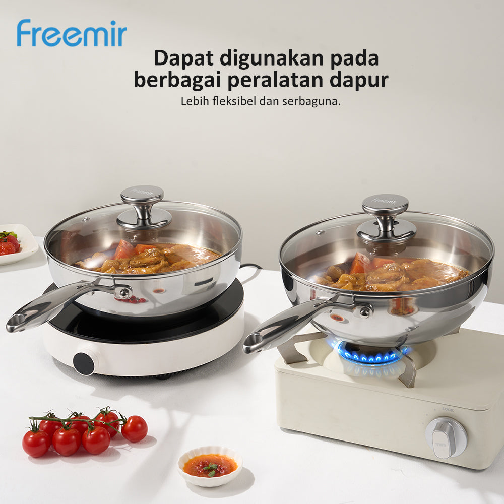 freemir 24 CM Double Bottom Stainless Steel Frying Pan with Glass Lid
