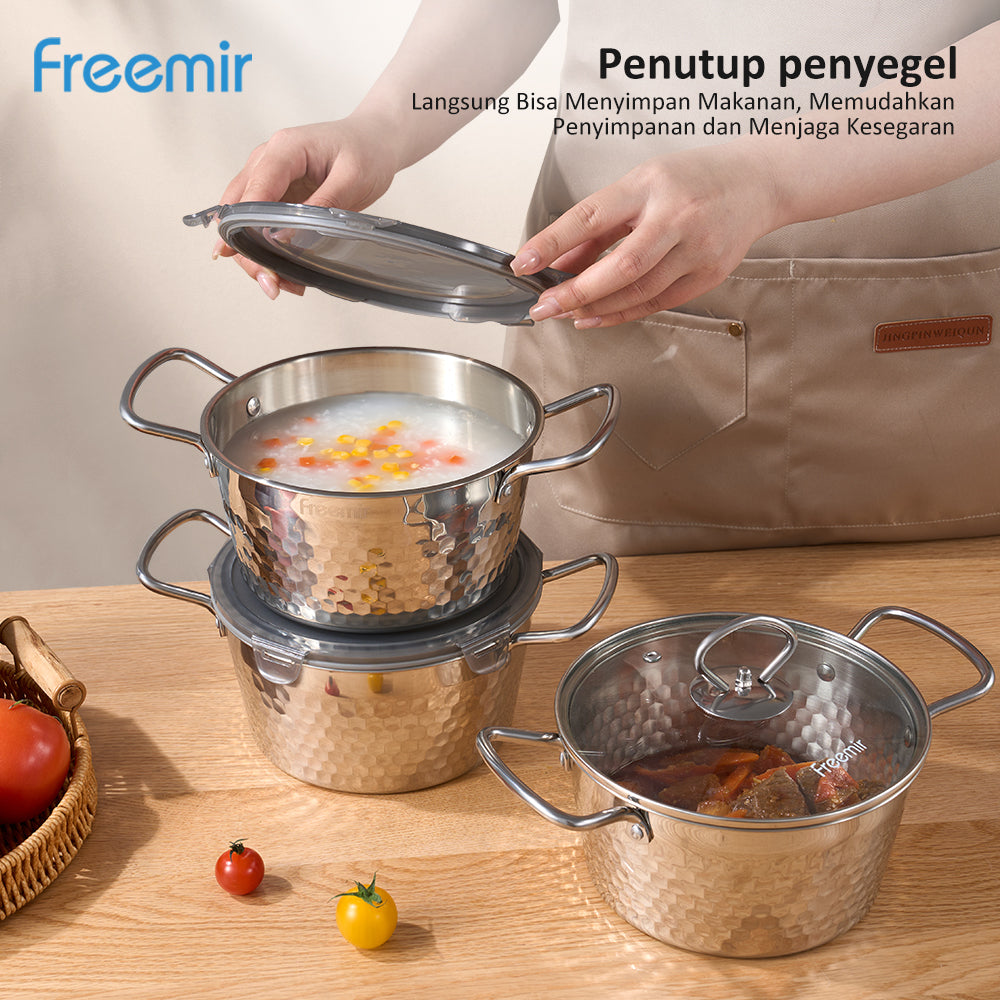 freemir Panci Stainless Steel 304 Seri Snow dengan Tutup Kaca dan Penjepit Stainless
