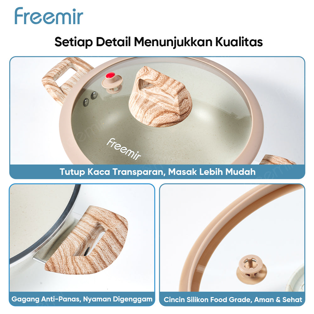 freemir 24 CM Non-Stick Micro Pressure Frying Pan with Two Wooden Handles and Glass Lid