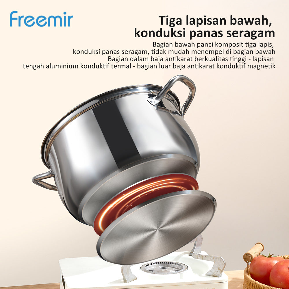 freemir Panci Kukus Nasi Stainless Steel 26 CM x 13.5 CM dengan Tutup Kaca dan Saringan Kukus