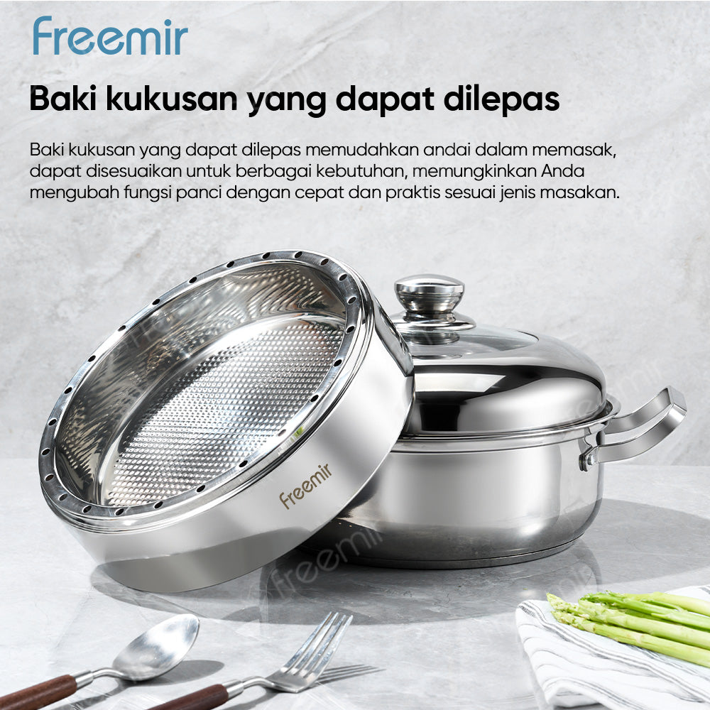 Panci Kukus Nasi Stainless Steel 26 CM dengan Tutup Kaca dan Saringan Kukus