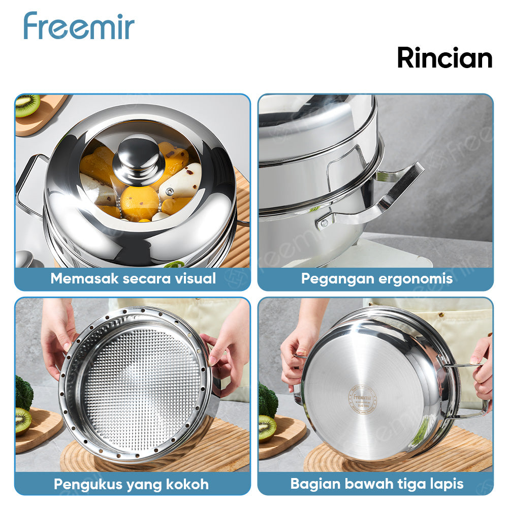 Panci Kukus Nasi Stainless Steel 26 CM dengan Tutup Kaca dan Saringan Kukus