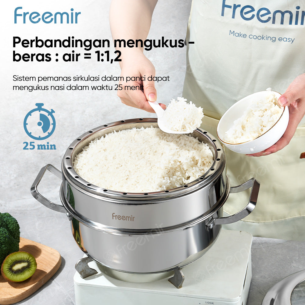 Panci Kukus Nasi Stainless Steel 26 CM dengan Tutup Kaca dan Saringan Kukus