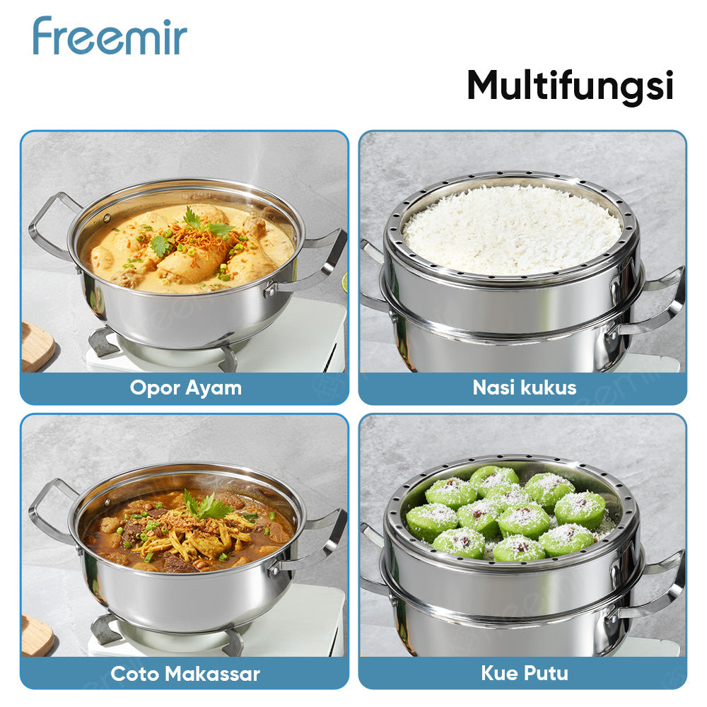 Panci Kukus Nasi Stainless Steel 26 CM dengan Tutup Kaca dan Saringan Kukus