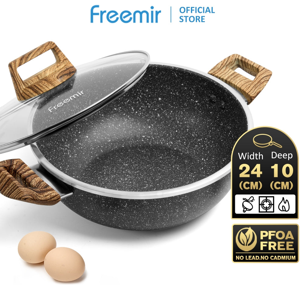 (Wajan 29) Freemir Panci Lapis Granit/Marmer 24cm, Anti Lengket, Hitam, Gagang Kayu, Tutup Kaca, Peralatan Dapur