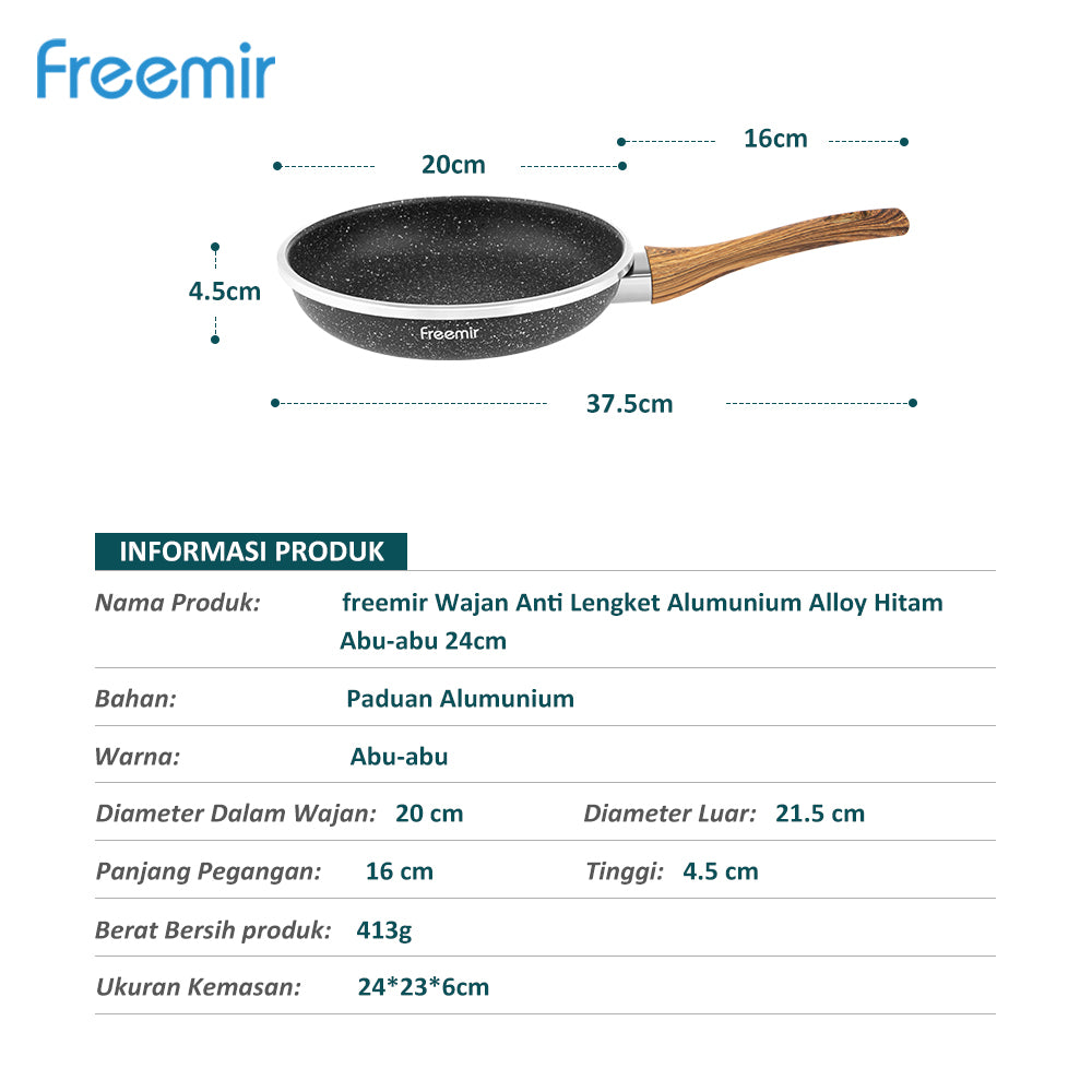 FREEMIR 20 cm & 24 cm Granit, Anti Lengket, Peralatan Masak, Gagang Kayu Sintetis