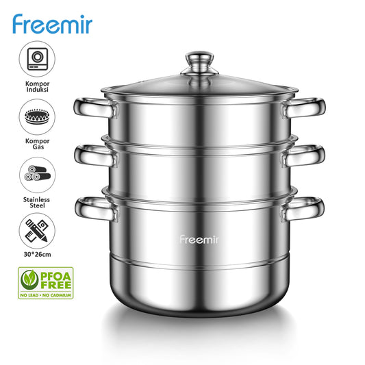 Freemir 3-Tier Stainless Steel Steamer 26 CM Double Bottom with Glass Lid