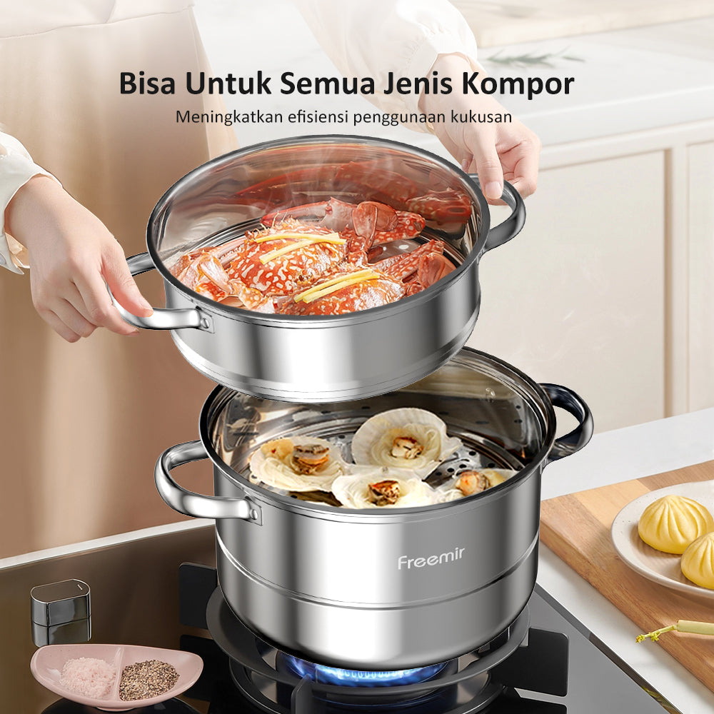 Freemir Kukusan Stainless Steel 3 Tingkat 26cm Double Bottom dengan Tutup Kaca