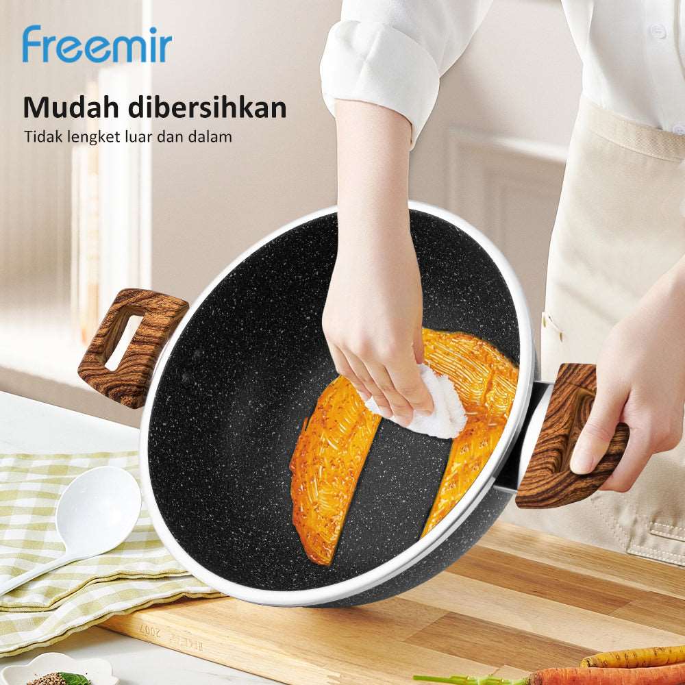 (Wajan 29) Freemir Granite/Marble Coated Pan 24cm, Non-Stick, Black, Wooden Handle, Glass Lid, Kitchenware