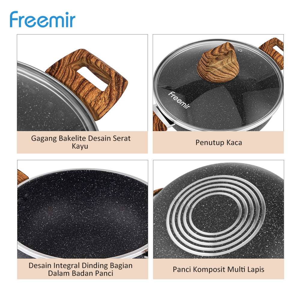 (Wajan 29) Freemir Granite/Marble Coated Pan 24cm, Non-Stick, Black, Wooden Handle, Glass Lid, Kitchenware