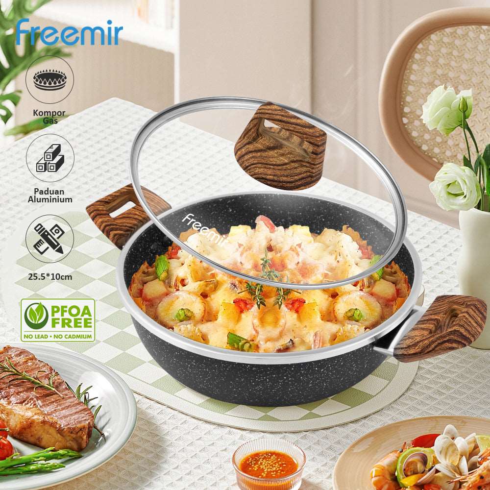 (Wajan 29) Freemir Granite/Marble Coated Pan 24cm, Non-Stick, Black, Wooden Handle, Glass Lid, Kitchenware