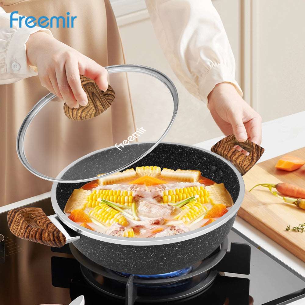 (Wajan 29) Freemir Granite/Marble Coated Pan 24cm, Non-Stick, Black, Wooden Handle, Glass Lid, Kitchenware