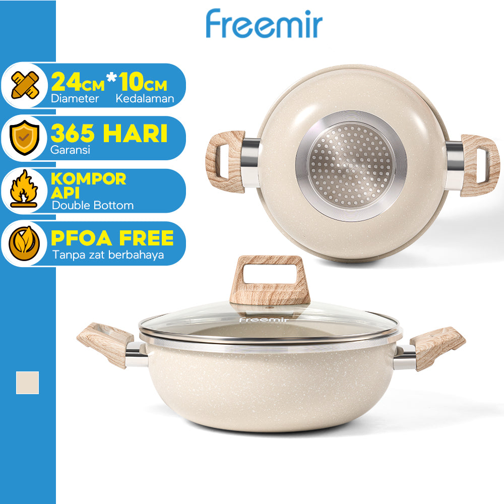 freemir 24 CM Double Bottom Frying Pan with Two Handles and Glass Lid