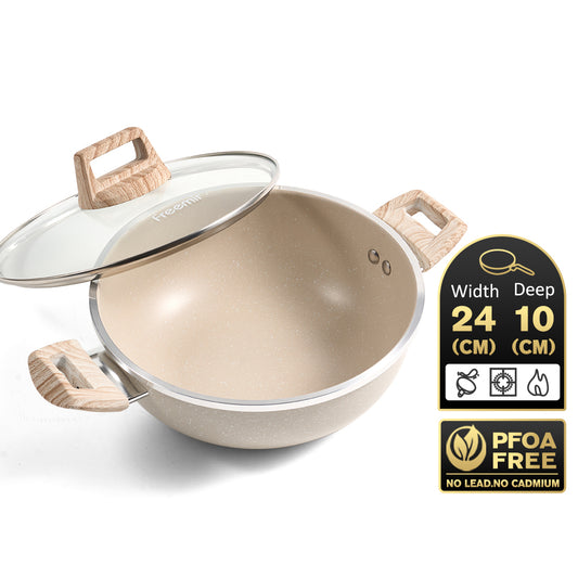 freemir 24 CM Double Bottom Frying Pan with Two Handles and Glass Lid