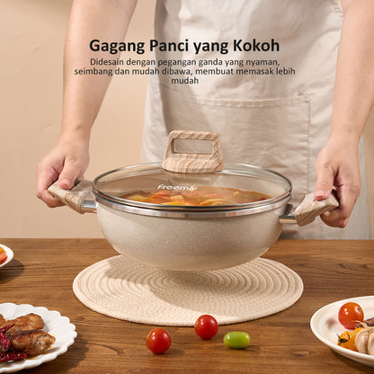 freemir 24 CM Double Bottom Frying Pan with Two Handles and Glass Lid