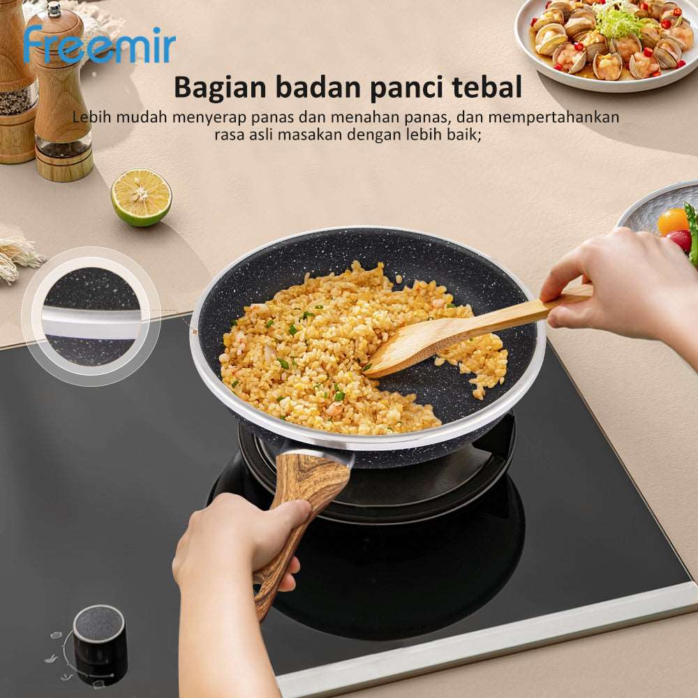 FREEMIR (Wajan 09) 20 cm & 24 cm Granit, Anti Lengket, Peralatan Masak, Gagang Kayu Sintetis