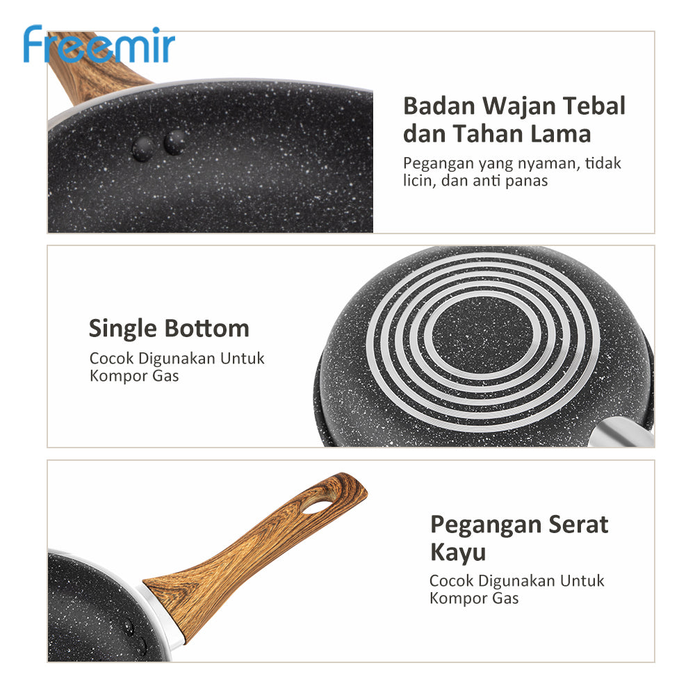 FREEMIR 20 cm & 24 cm Granit, Anti Lengket, Peralatan Masak, Gagang Kayu Sintetis