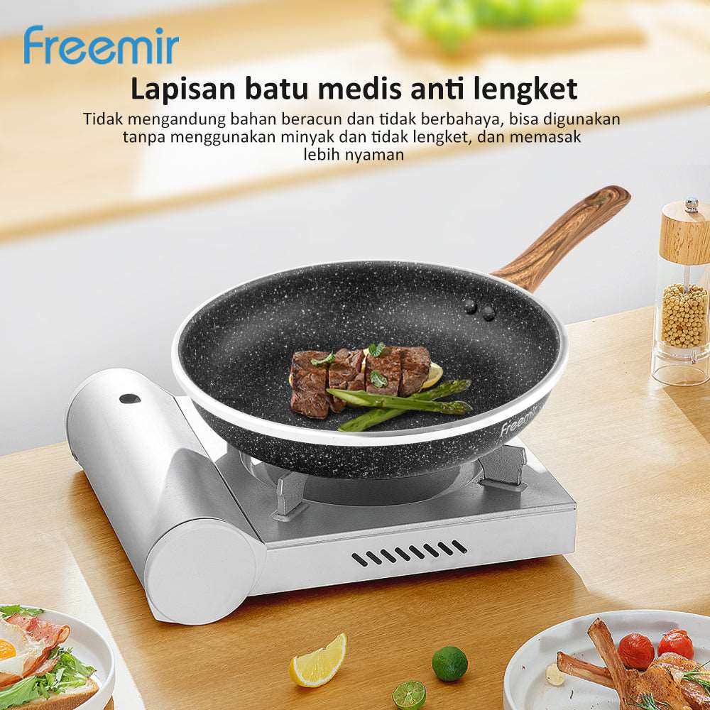 FREEMIR (Wajan 09) 20 cm & 24 cm Granit, Anti Lengket, Peralatan Masak, Gagang Kayu Sintetis