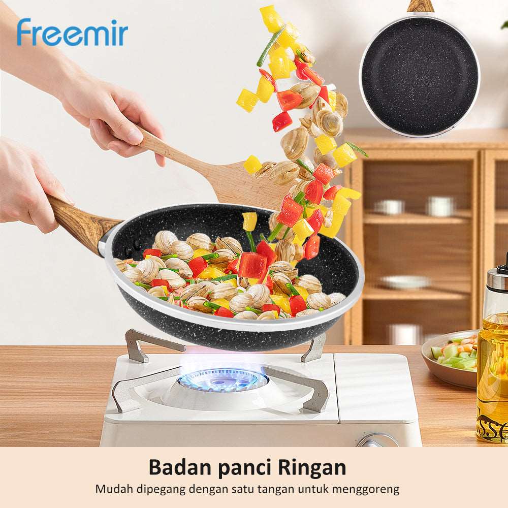 FREEMIR (Wajan 09) 20 cm & 24 cm Granit, Anti Lengket, Peralatan Masak, Gagang Kayu Sintetis