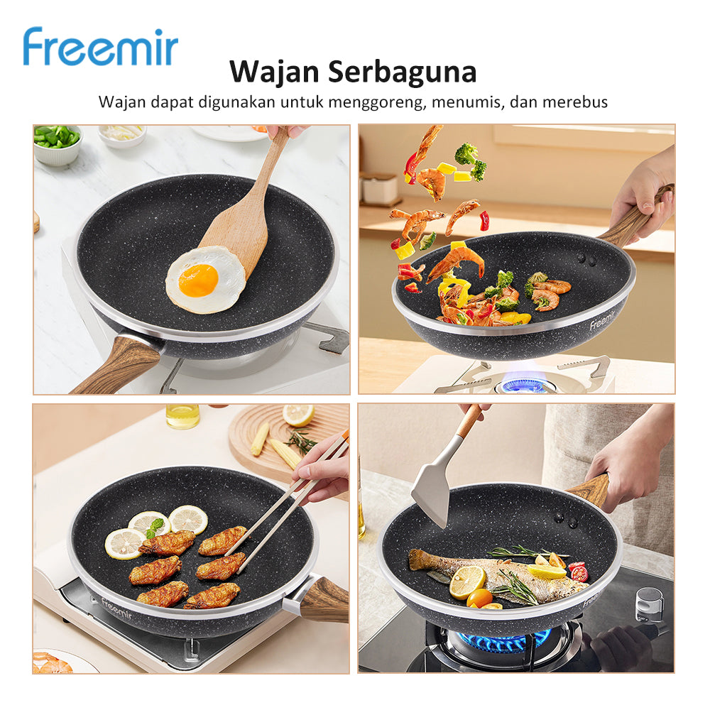 (DEFECT PACKAGE) freemir Wajan 24cm Anti Lengket Serbaguna Best Coating Granit BPA dan PFOA free Kitchenware Peralatan Dapur Minimalis Gagang Kayu