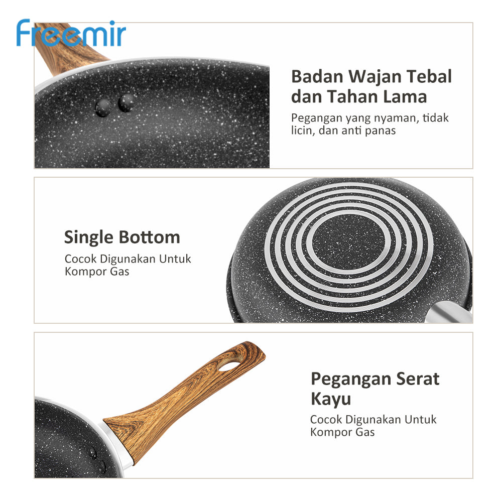 (DEFECT PACKAGE) freemir Wajan 24cm Anti Lengket Serbaguna Best Coating Granit BPA dan PFOA free Kitchenware Peralatan Dapur Minimalis Gagang Kayu