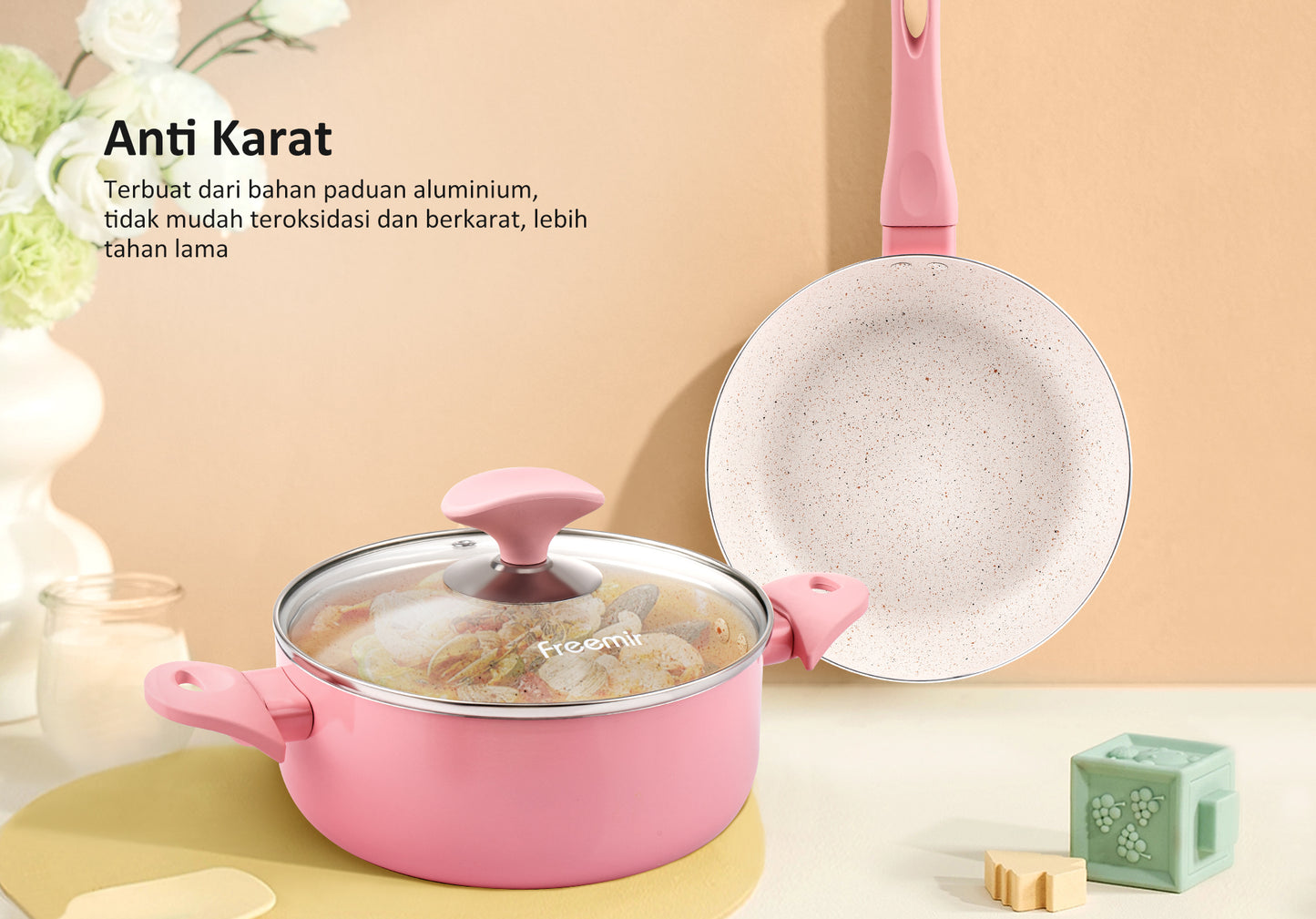 freemir Set Wajan dan Panci 20/18 CM Anti Lengket - Pink