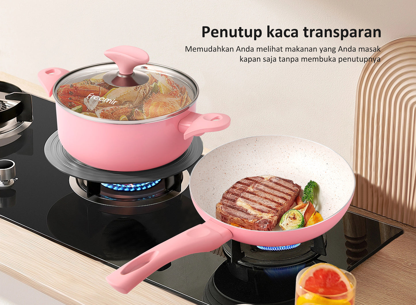 freemir Set Wajan dan Panci 20/18 CM Anti Lengket - Pink