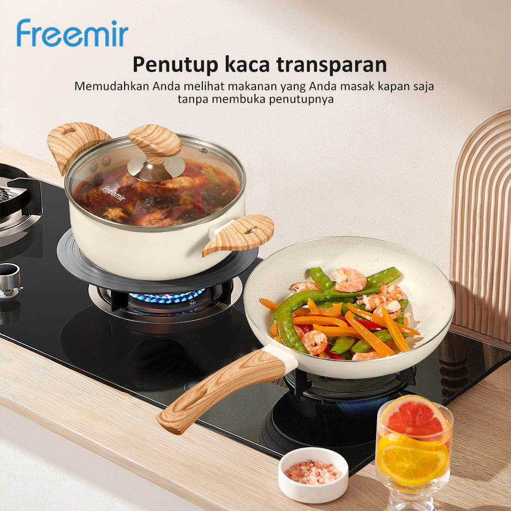 Freemir 2 set Wajan Penggorengan dan Panci dengan Tutup Kaca 20/18 CM