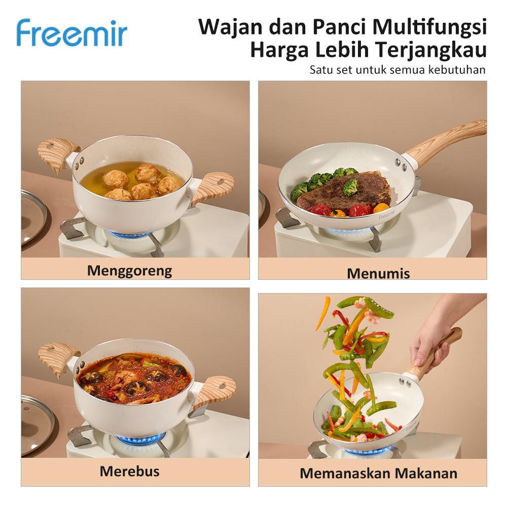 Freemir 2 set Wajan Penggorengan dan Panci dengan Tutup Kaca 20/18 CM