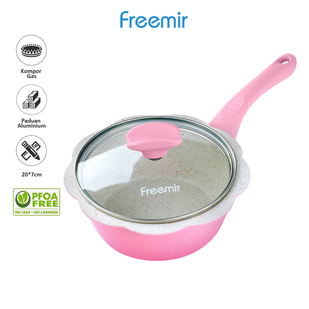 (DEFECT PACKAGE) Freemir Panci Bunga Pink 16 Cm Tutup Kaca Anti Lengket Anti Karat