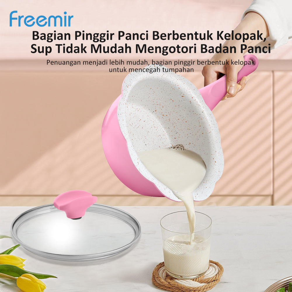 (DEFECT PACKAGE) Freemir Panci Bunga Pink 16 Cm Tutup Kaca Anti Lengket Anti Karat