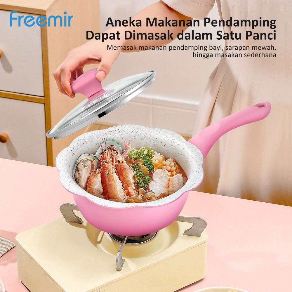 (Wajan 33) freemir Best Coating Granit Panci Anti Lengket 16 Cm Sup Susu MPASI PFOA Free Tutup Kaca Anti Panas Kitchenware