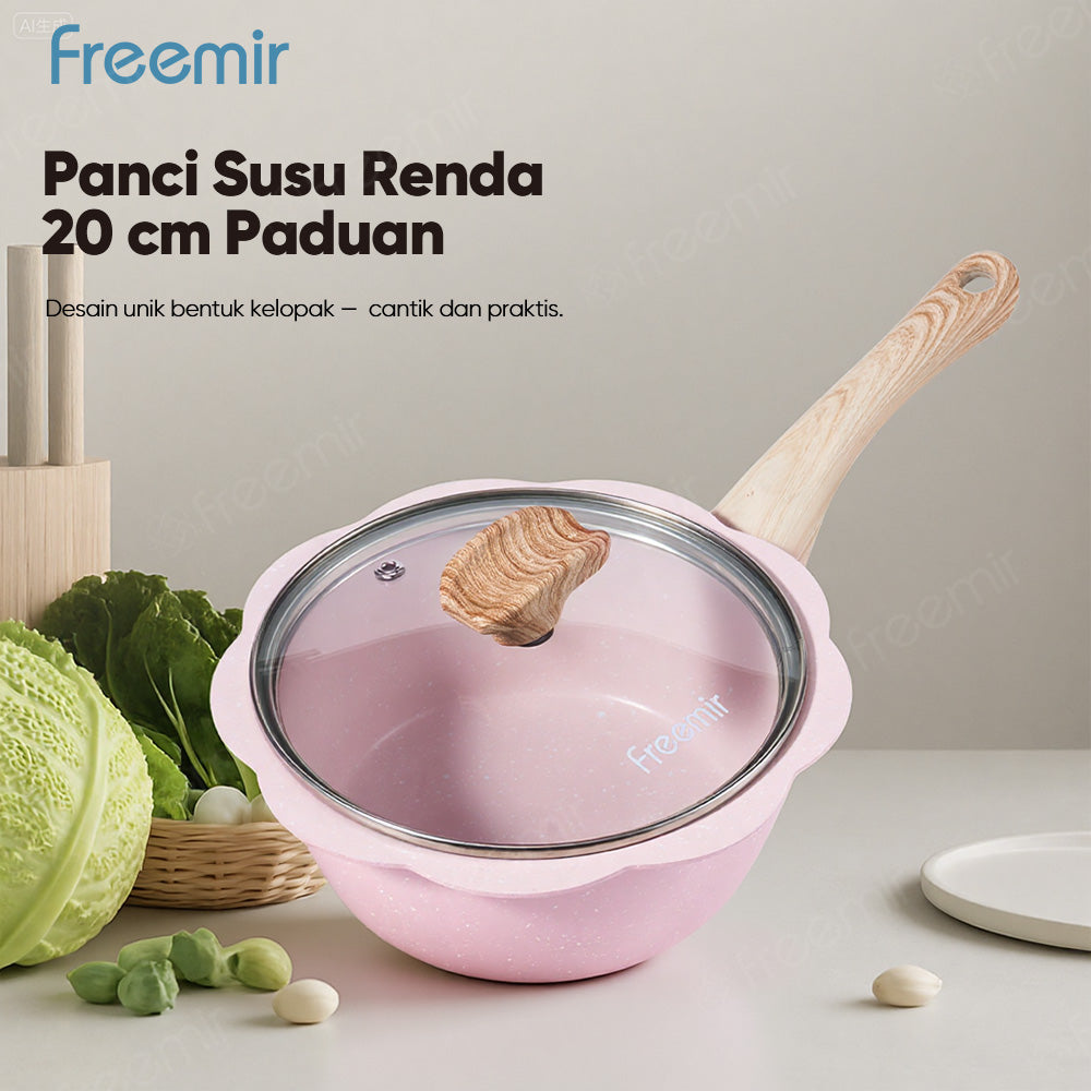 freemir Panci Susu Anti Lengket 20 CM Single Bottom dengan Tutup Kaca - Pink