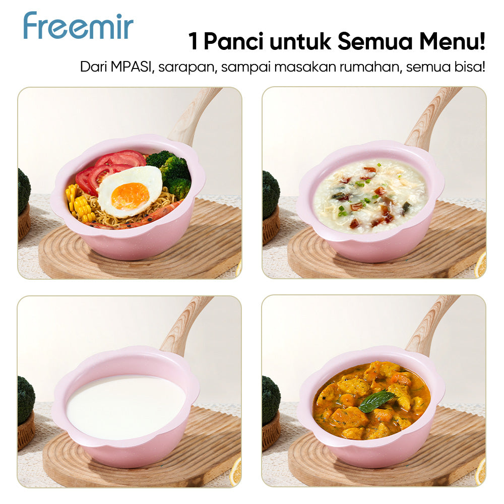 freemir Panci Susu Anti Lengket 20 CM Single Bottom dengan Tutup Kaca - Pink